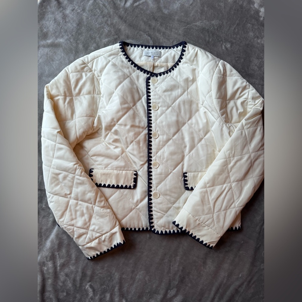 Cream Quilted Jacket with Navy Trim